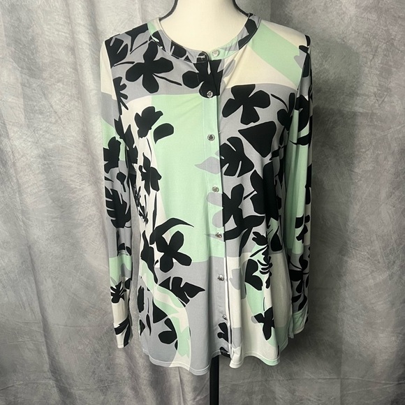 Dana Buchman Tops - Dana Buchman Gray, Black, White and Mint Green Floral Print Button-Up Blouse